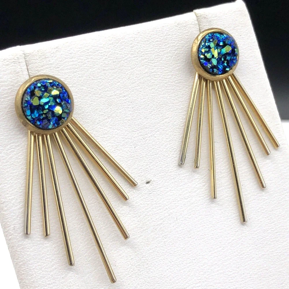 Convertible Earrings Blue Green Druzy Studs‎ Gold Tone Spray Jackets